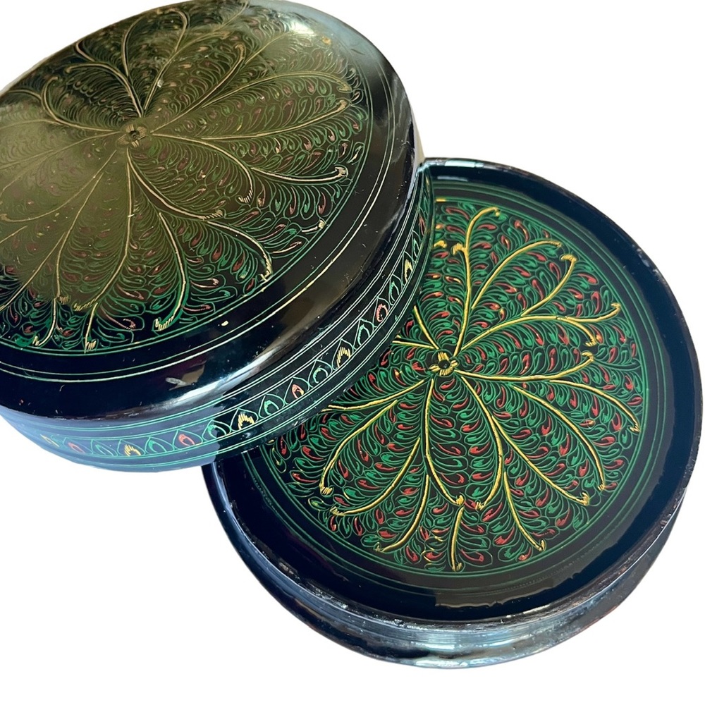 Antique Burmese Coaster Set Black Lacquered Box Vintage Handmade Asian Drinkware